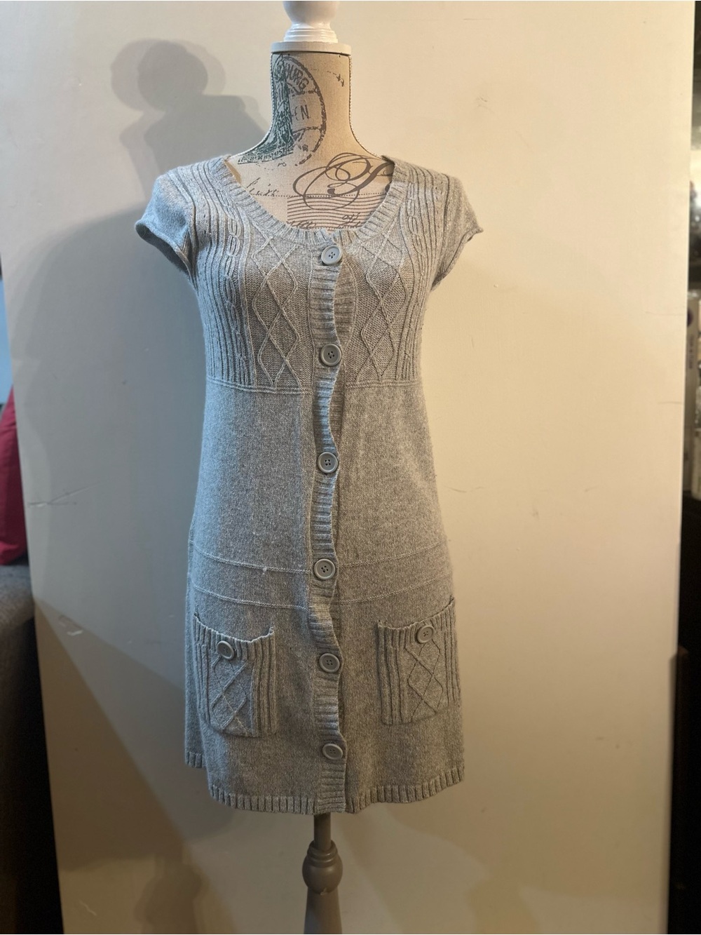 Mossimo Supply Co. Light Gray Knit Button-Front Short Sleeve Sweater Dress